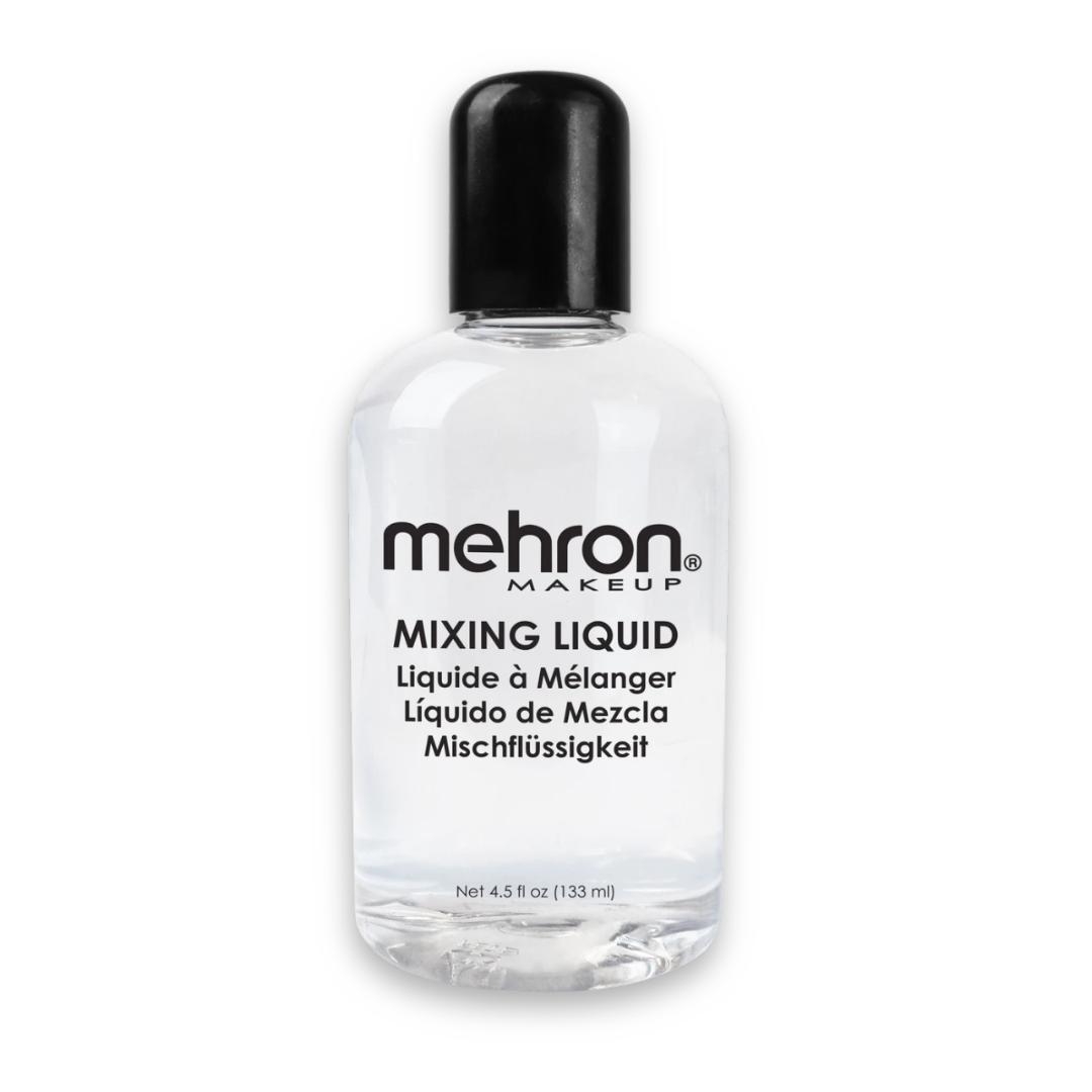 A bottle of Mehron Makeup Mixing Liquid on a white background. The bottle is clear plastic showing the liquid inside, has a black cap, and black text on the front. 4.5 oz bottle