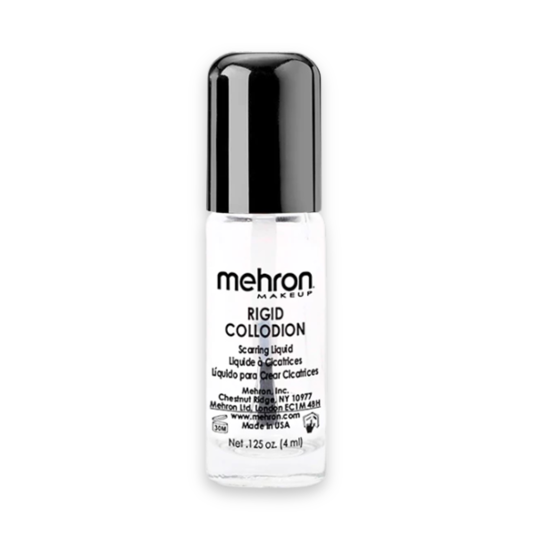 Mehron Makeup Rigid Collodion Scanning Liquid in a clear bottle with a black cap, shown on a plain white background.
