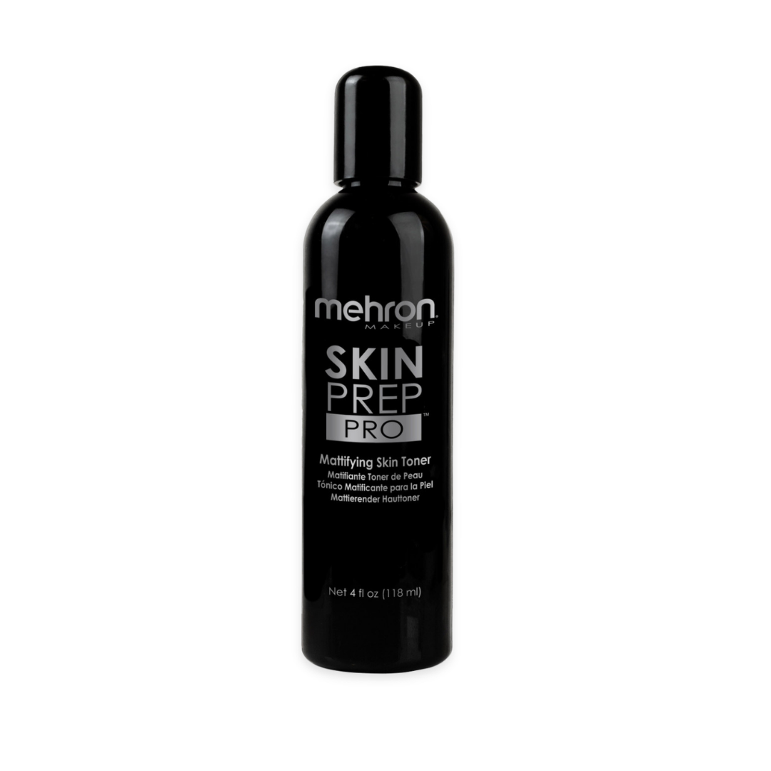 A bottle of Mehron Skincare Skin Prep Pro Mattifying Skin Toner with white and silver text, set against a plain white background.