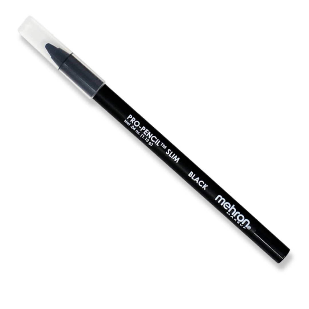 Mehron ProPencil Slim Black professional makeup pencil with black composite barrel, clear protective cap, and creamy black tip on a white background.