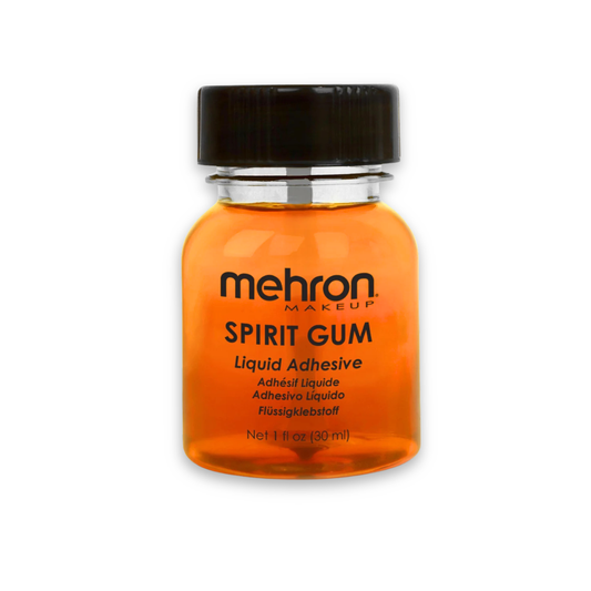 Mehron Spirit Gum Liquid Adhesive in a 1 fl oz (30 ml) clear bottle with orange liquid and a black cap, on a white background.