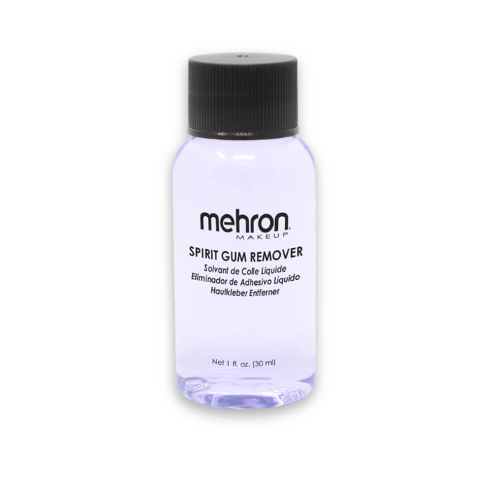 Mehron Spirit Gum Remover 1 oz bottle for removing Spirit Gum adhesive from skin and prosthetic appliances.
