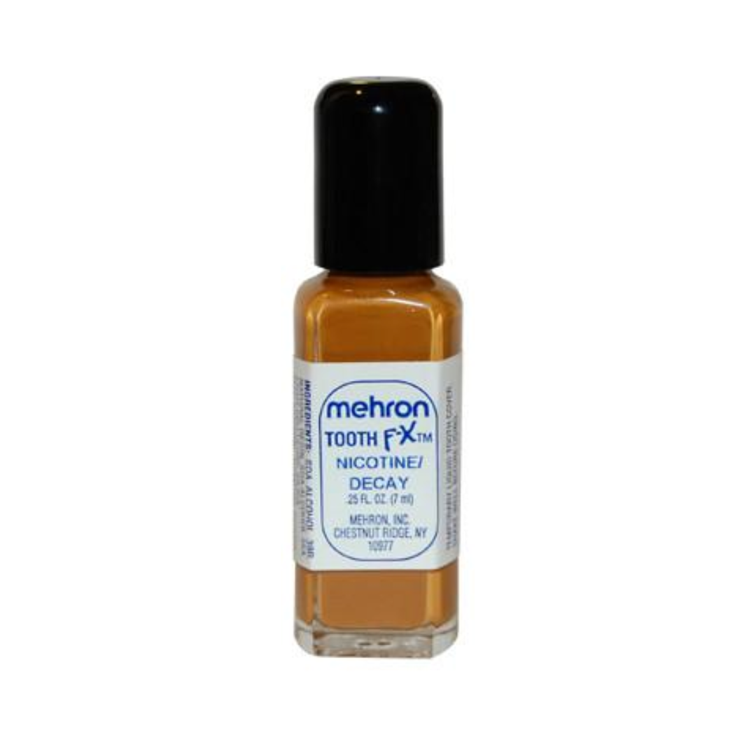 A small bottle of Mehron Tooth FX Nicotine Decay containing an amber-brown liquid, with a black cap and a white label, on a plain white background.