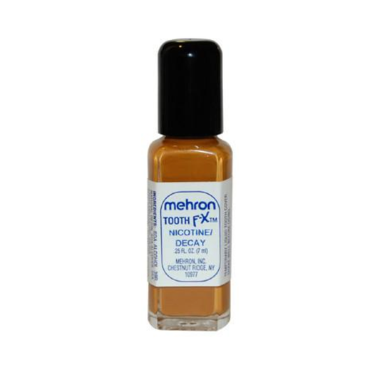 A small bottle of Mehron Tooth FX Nicotine Decay containing an amber-brown liquid, with a black cap and a white label, on a plain white background.