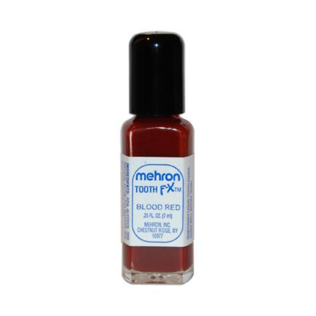 A small bottle of Mehron Tooth FX Blood Red fake blood, featuring a black cap and a white label with blue text, set against a plain white background.