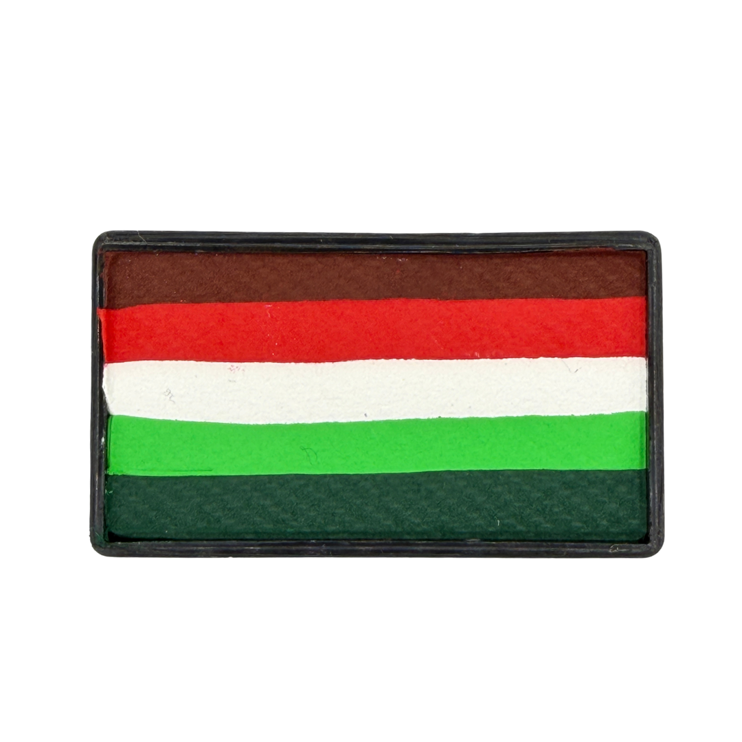 Mexico Flag Arty Cake one-stroke face paint featuring green, white, and red stripes in a rectangular cake, perfect for Mexico soccer fan face paint, cheek flags, El Tri celebrations, fútbol events, and game day makeup.