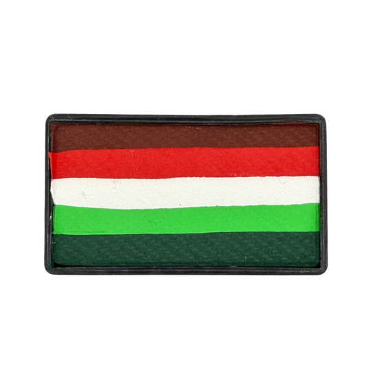 Mexico Flag Arty Cake one-stroke face paint featuring green, white, and red stripes in a rectangular cake, perfect for Mexico soccer fan face paint, cheek flags, El Tri celebrations, fútbol events, and game day makeup.