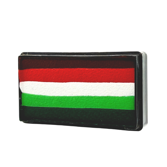 Mexico Flag Arty Cake one-stroke face paint featuring green, white, and red stripes in a rectangular cake, perfect for Mexico soccer fan face paint, cheek flags, El Tri celebrations, fútbol events, and game day makeup.