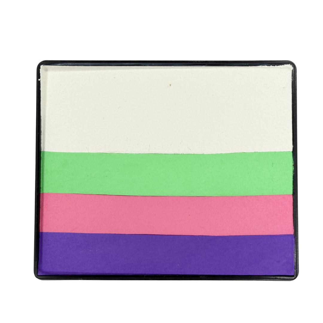 Fantasy Rainbow Cake face paint with layered stripes of white, mint green, pink, and purple in a rectangular container.