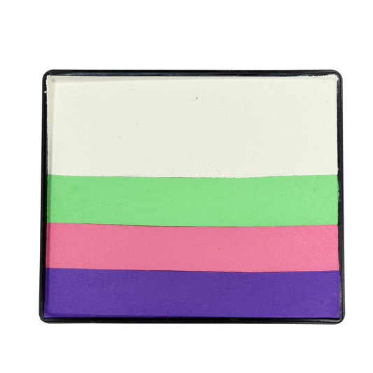 Fantasy Rainbow Cake face paint with layered stripes of white, mint green, pink, and purple in a rectangular container.