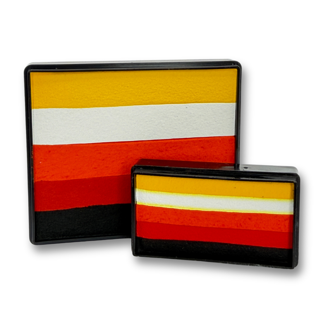 Fire Rainbow Cake and matching Fire Arty Cake featuring yellow, white, orange, red, and black stripes displayed together as a one-stroke face paint bundle.