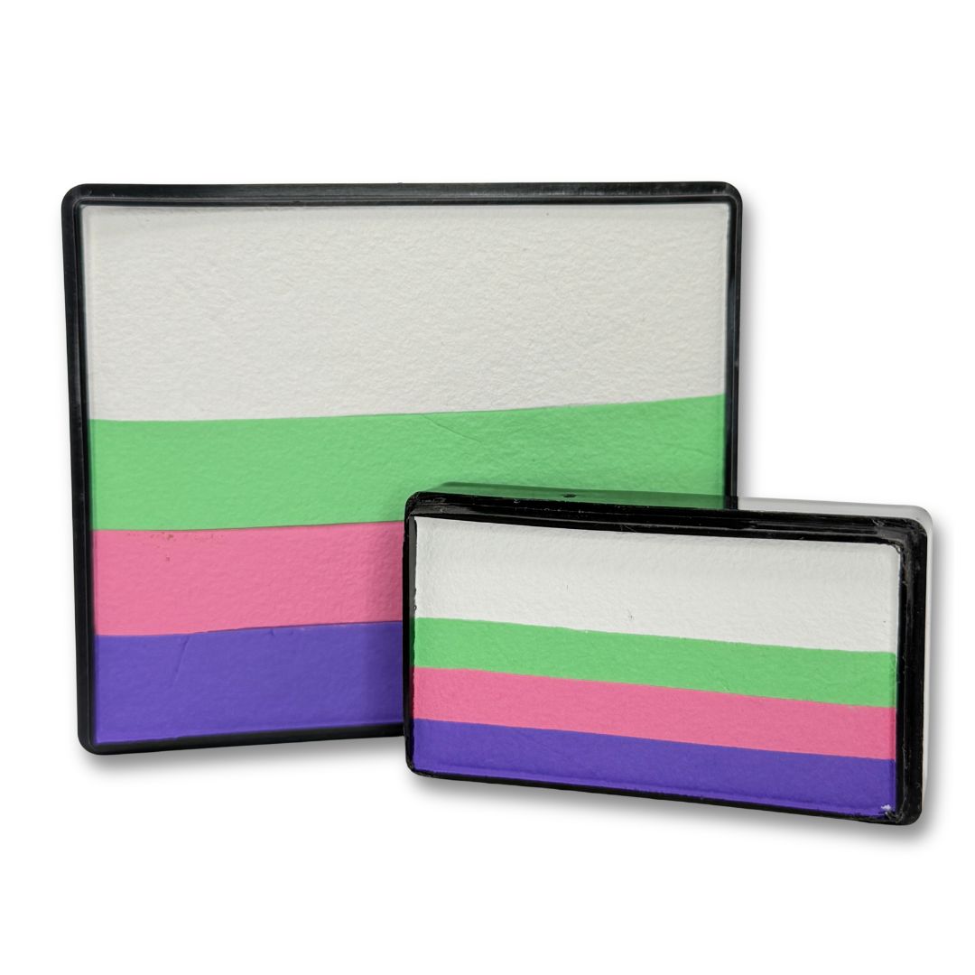 Fluffy Unicorn Rainbow Cake and matching Fluffy Unicorn Arty Cake featuring white, mint green, bubblegum pink, and lavender stripes displayed together as a one-stroke face paint bundle.