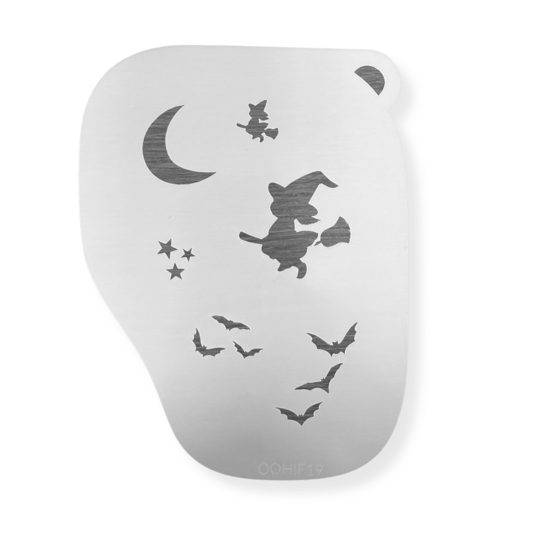 Ooh! Body Art Halloween Witch Airbrush Stencil F19 featuring a flying witch, crescent moon, bats, and stars on a reusable 7 mil Mylar stencil for Halloween face painting and airbrush designs.