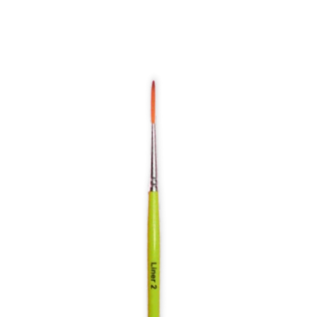 A fine liner paintbrush with a bright lime green handle, a silver metal ferrule, and orange bristles, shown vertically against a plain white background.