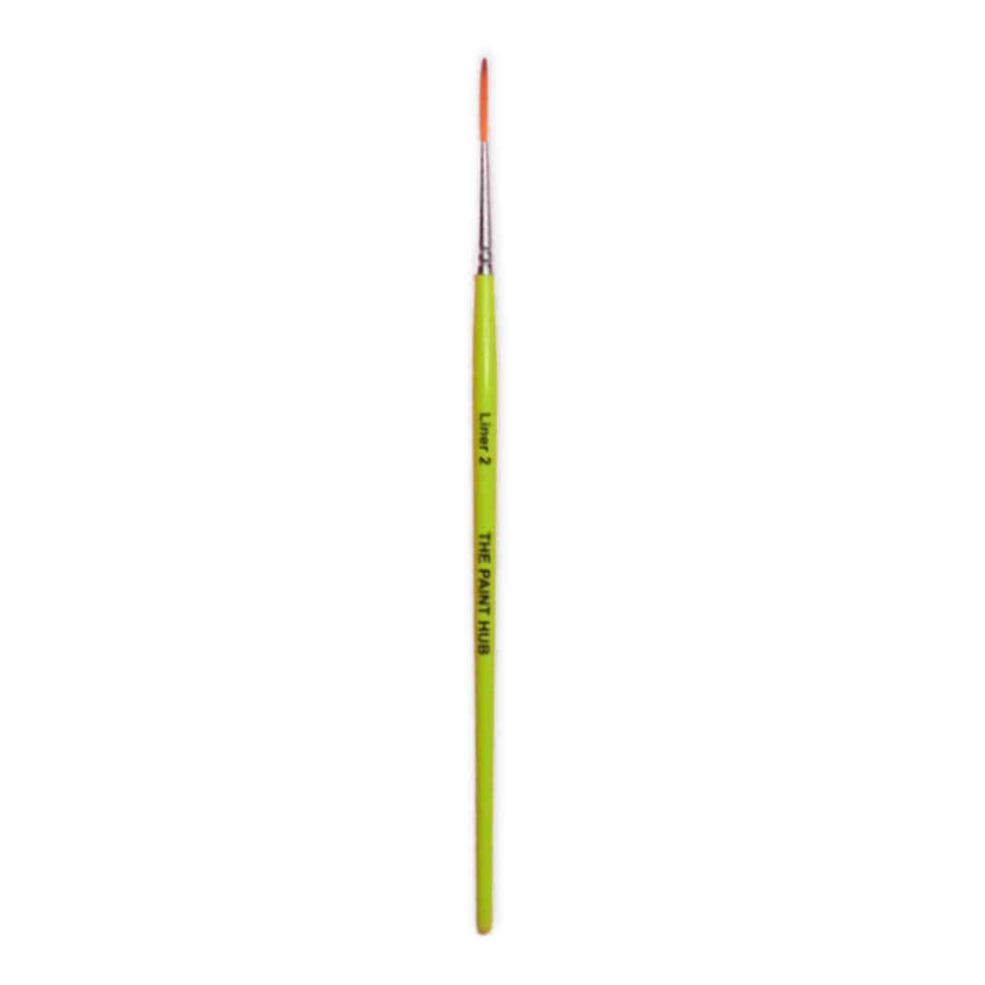A fine detail paint brush with a bright lime green handle, silver ferrule, and orange bristles, shown vertically on a plain white background.