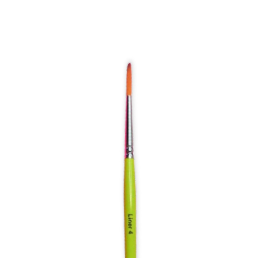 A single fine paint brush with a bright yellow-green handle, a silver ferrule, and orange bristles, shown vertically against a plain white background.
