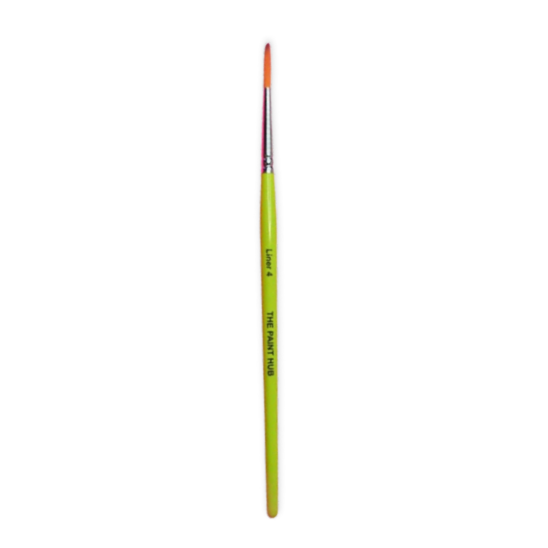 A single fine paint brush with a bright lime green handle, silver ferrule, and orange bristles, shown vertically on a plain white background.
