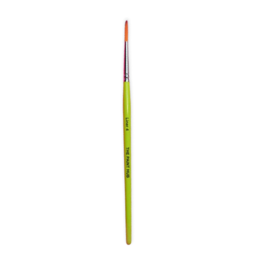 A single fine paint brush with a bright lime green handle, silver ferrule, and orange bristles, shown vertically on a plain white background.