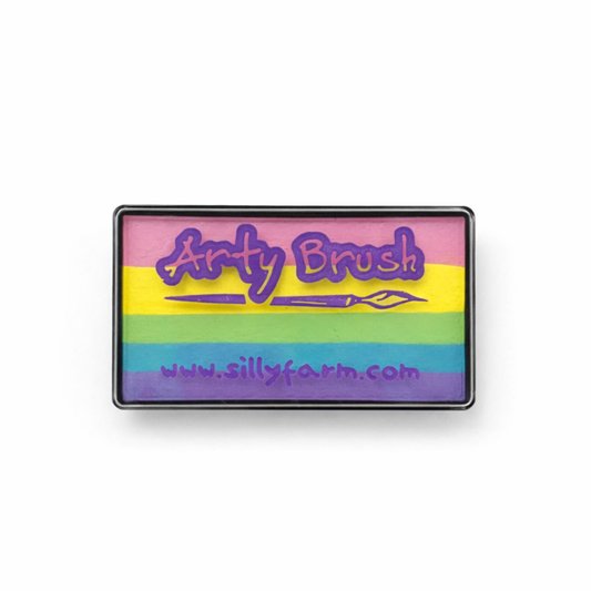 Rectangular face paint container with rainbow design and 'Arty Brush' branding on a white background