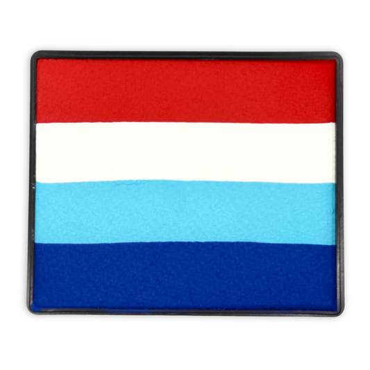 Rectangular rainbow cake face paint with horizontal stripes of bright red, white, light blue, and royal blue inside a black plastic container, designed for fast multi-color face painting and patriotic-themed designs.