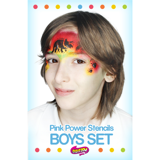 Boys Pink Power Stencil Set by SillyFarm featuring a dinosaur face paint design on a child model with the product title displayed below.