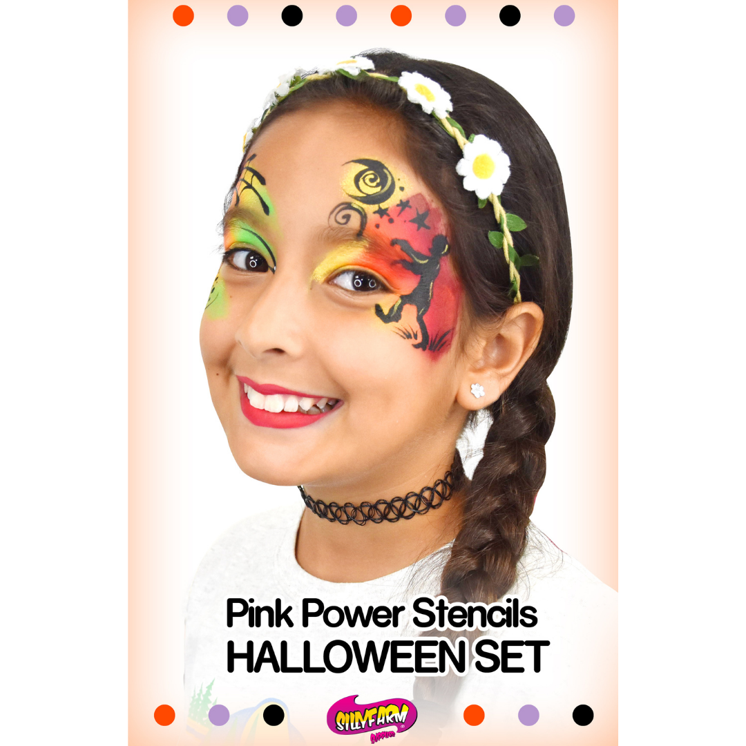 Halloween Pink Power Stencil Set by SillyFarm featuring a smiling child wearing a colorful Halloween fairy face paint design with the product title displayed below.