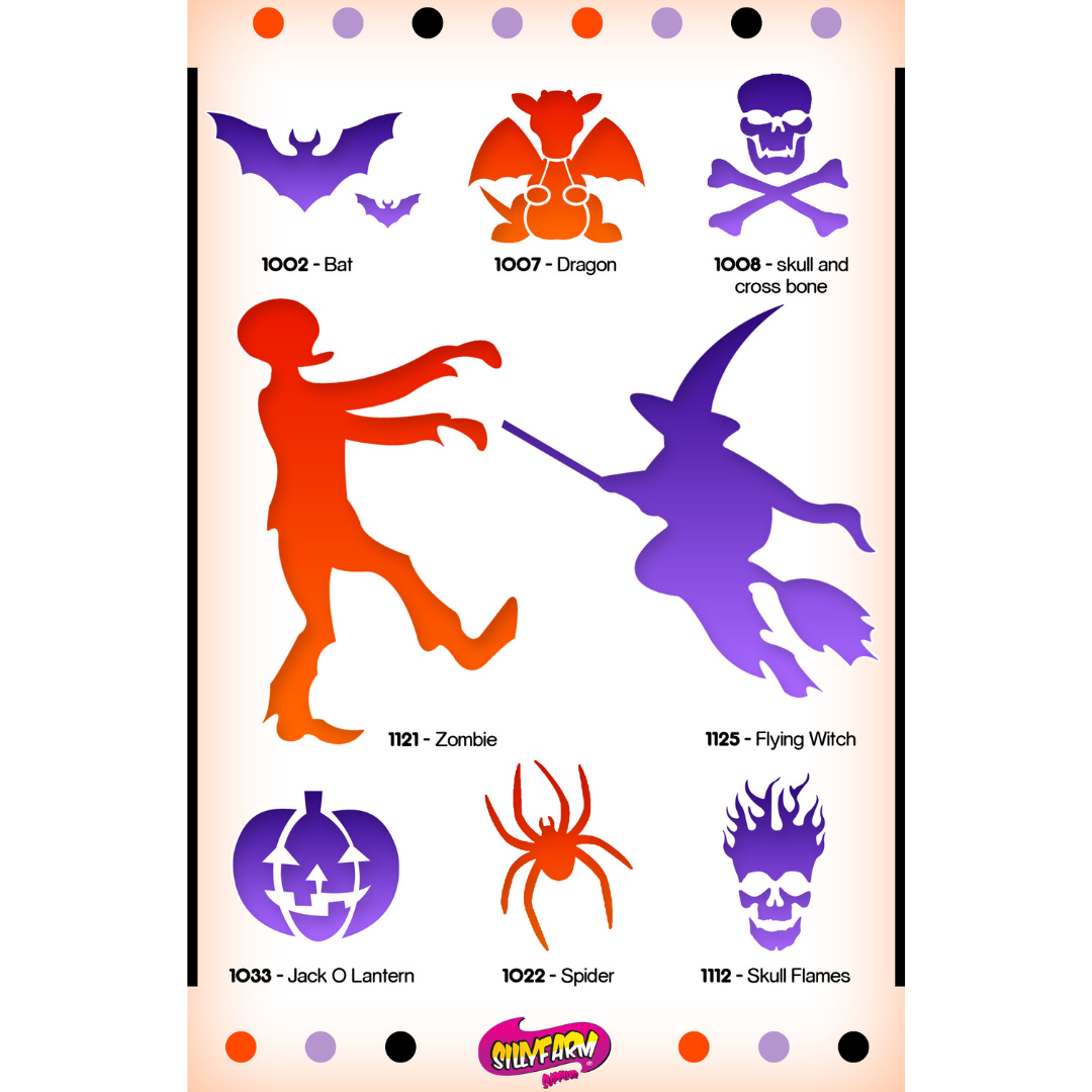 Halloween Pink Power Stencil Set by SillyFarm showing the 9 included reusable stencil designs: Bat, Dragon, Skull and Crossbones, Zombie, Flying Witch, Jack O'Lantern, Spider, and Skull Flames, plus a full-color display card.