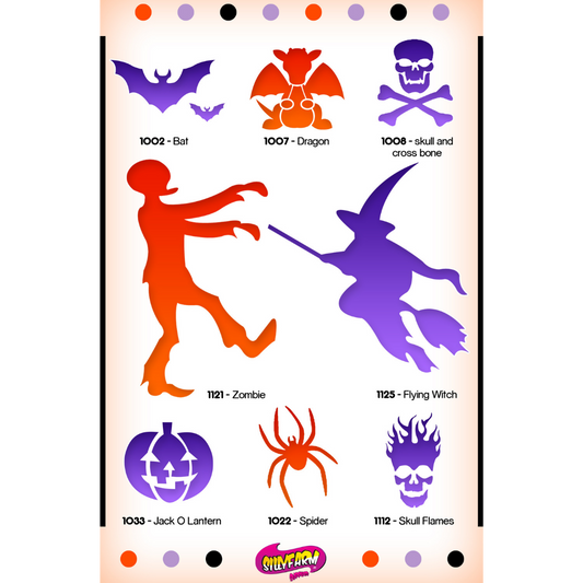 Halloween Pink Power Stencil Set by SillyFarm showing the 9 included reusable stencil designs: Bat, Dragon, Skull and Crossbones, Zombie, Flying Witch, Jack O'Lantern, Spider, and Skull Flames, plus a full-color display card.