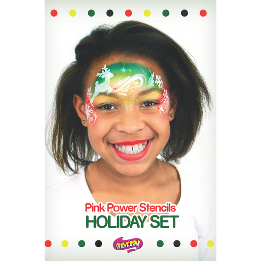 Holiday Pink Power Stencil Set by SillyFarm featuring a smiling child wearing a festive Christmas face paint design with a reindeer, snowflakes, and holiday colors, with the product title displayed below.