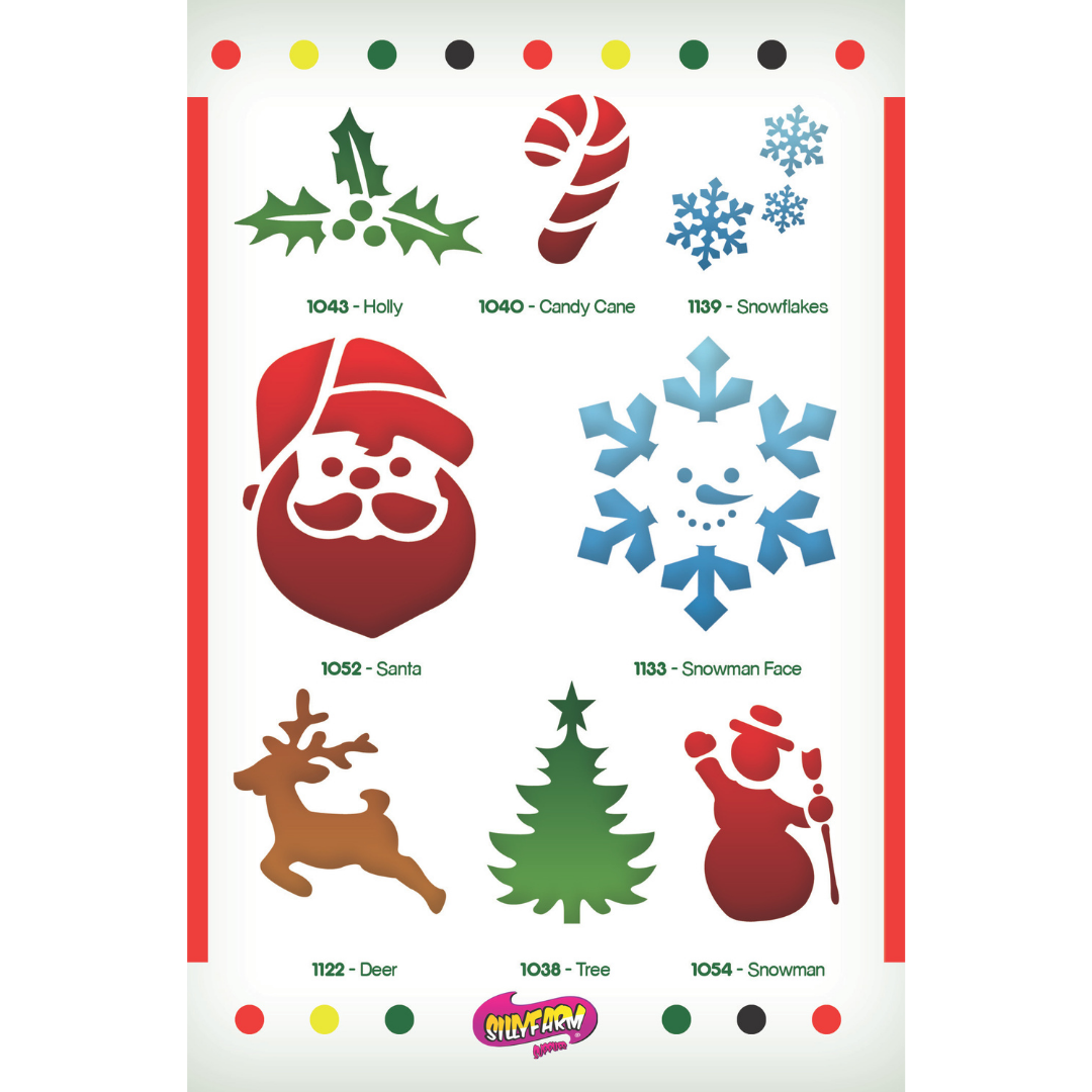 Holiday Pink Power Stencil Set by SillyFarm showing the 8 included reusable stencil designs: Holly, Candy Cane, Snowflakes, Santa, Snowman Face, Reindeer, Christmas Tree, and Snowman, plus a full-color display card.