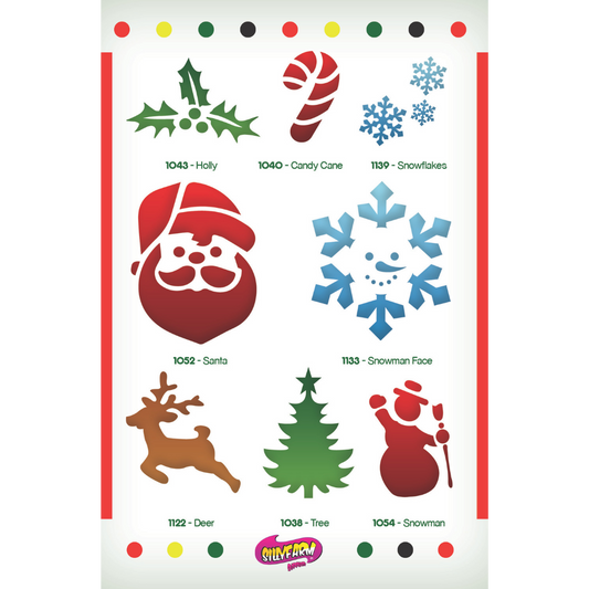 Holiday Pink Power Stencil Set by SillyFarm showing the 8 included reusable stencil designs: Holly, Candy Cane, Snowflakes, Santa, Snowman Face, Reindeer, Christmas Tree, and Snowman, plus a full-color display card.