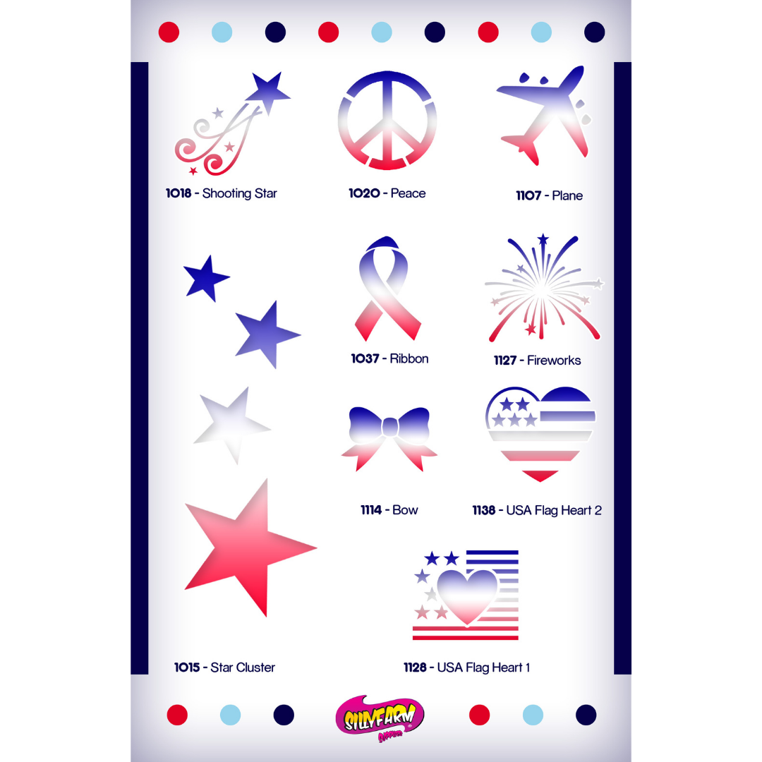 Patriotic Pink Power Stencil Set by SillyFarm showing the 9 included reusable stencil designs: Shooting Star, Peace Sign, Airplane, Ribbon, Fireworks, Bow, USA Heart Flag 1, USA Heart Flag 2, and Star Cluster, plus a full-color display card.