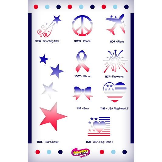 Patriotic Pink Power Stencil Set by SillyFarm showing the 9 included reusable stencil designs: Shooting Star, Peace Sign, Airplane, Ribbon, Fireworks, Bow, USA Heart Flag 1, USA Heart Flag 2, and Star Cluster, plus a full-color display card.