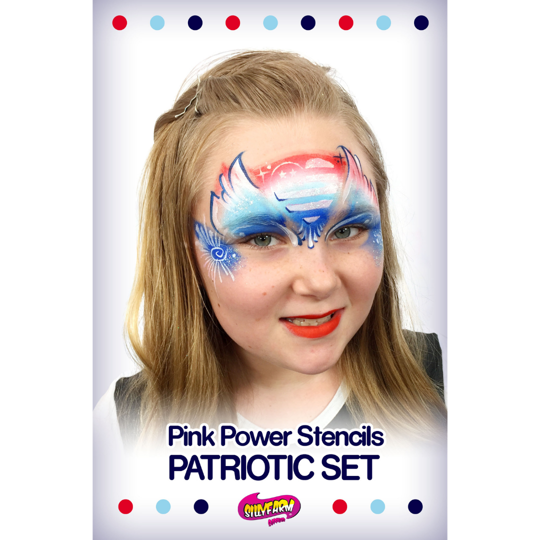 Patriotic Pink Power Stencil Set by SillyFarm featuring a red, white, and blue eagle-inspired face paint design on a model with the product title below.