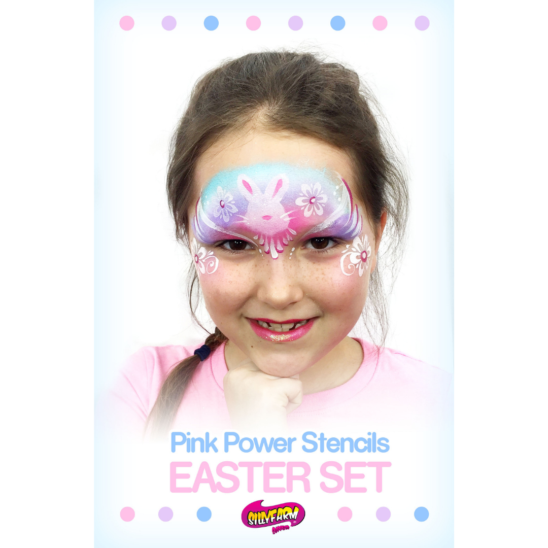 Easter Pink Power Stencil Set by SillyFarm featuring a smiling child wearing a pastel Easter bunny face paint design with the product title displayed below.