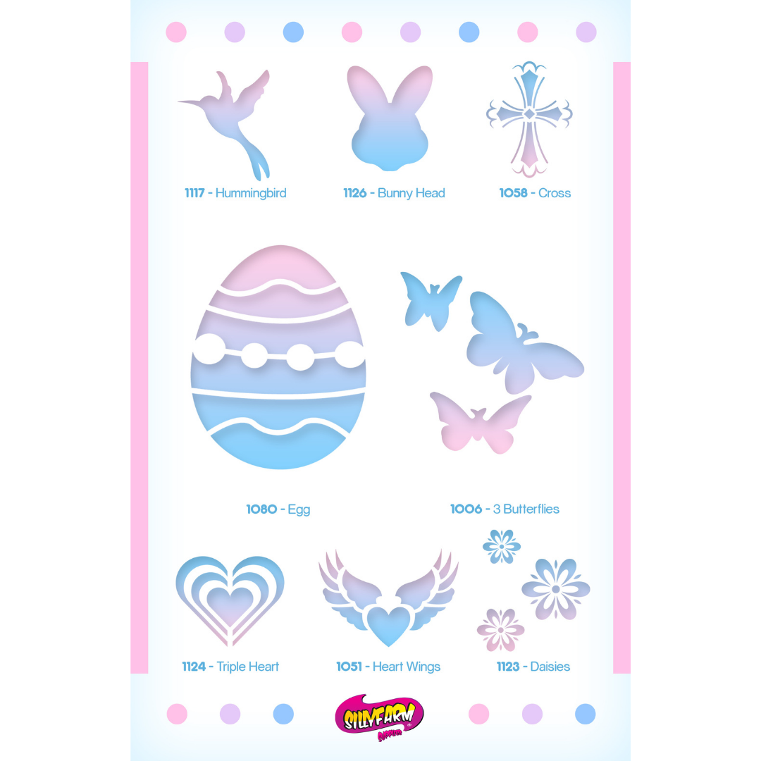 Easter Pink Power Stencil Set by SillyFarm showing the 8 included reusable stencil designs: Hummingbird, Bunny Head, Cross, Easter Egg, Three Butterflies, Triple Heart, Heart Wings, and Daisies, plus a full-color display card.