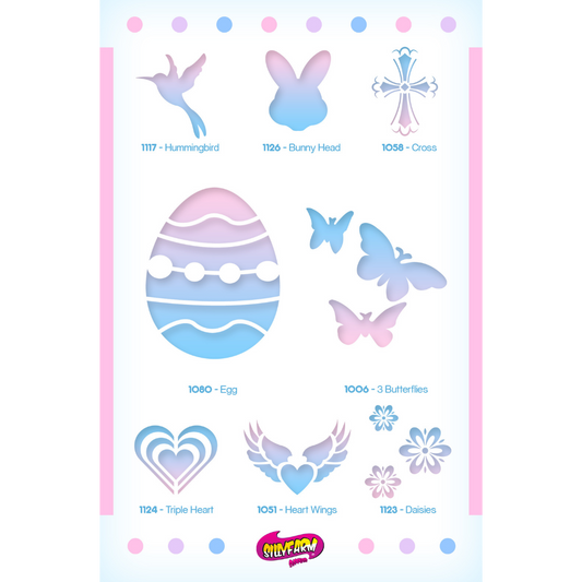 Easter Pink Power Stencil Set by SillyFarm showing the 8 included reusable stencil designs: Hummingbird, Bunny Head, Cross, Easter Egg, Three Butterflies, Triple Heart, Heart Wings, and Daisies, plus a full-color display card.