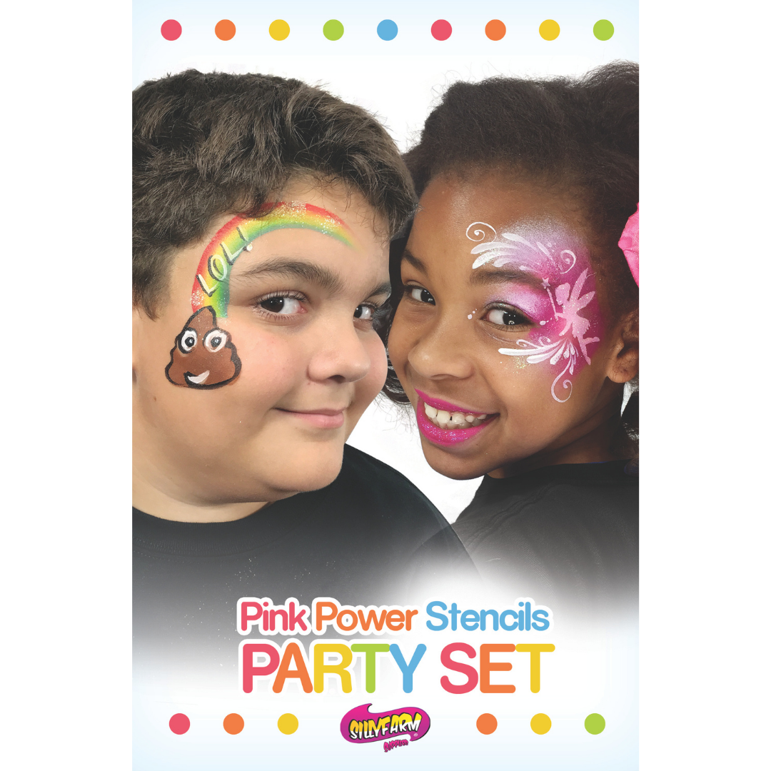 Party Pink Power Stencil Set by SillyFarm featuring two children wearing colorful face paint designs, including a rainbow with a poop emoji and a pink fairy mask, with the product title displayed below.