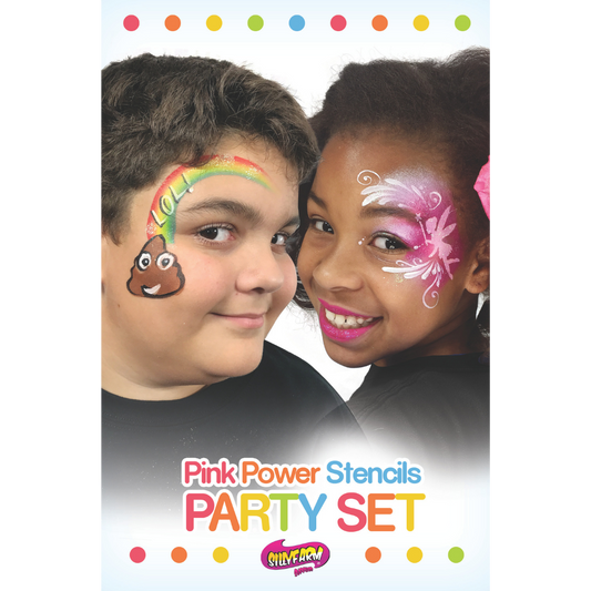 Party Pink Power Stencil Set by SillyFarm featuring two children wearing colorful face paint designs, including a rainbow with a poop emoji and a pink fairy mask, with the product title displayed below.