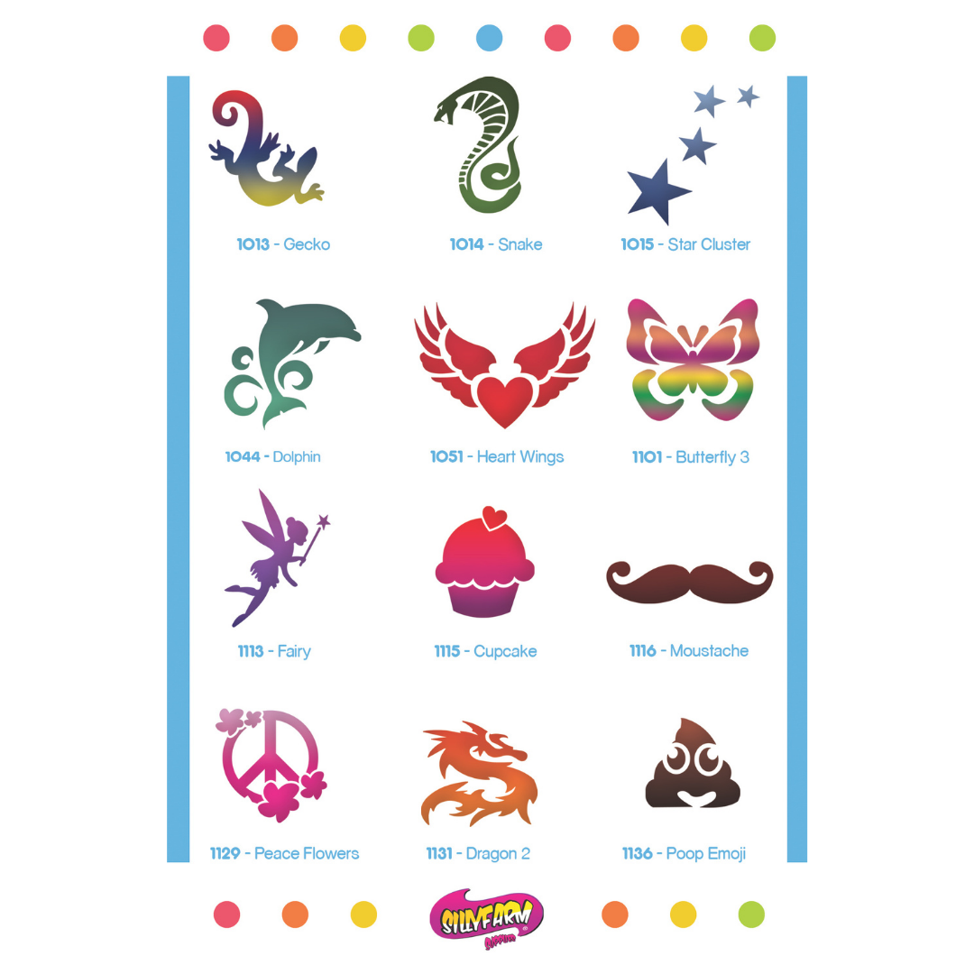 Party Pink Power Stencil Set by SillyFarm showing the 12 included reusable stencil designs: Gecko, Snake, Star Cluster, Dolphin, Heart Wings, Butterfly, Fairy, Cupcake, Mustache, Peace Flowers, Dragon, and Poop Emoji, plus a full-color display card.