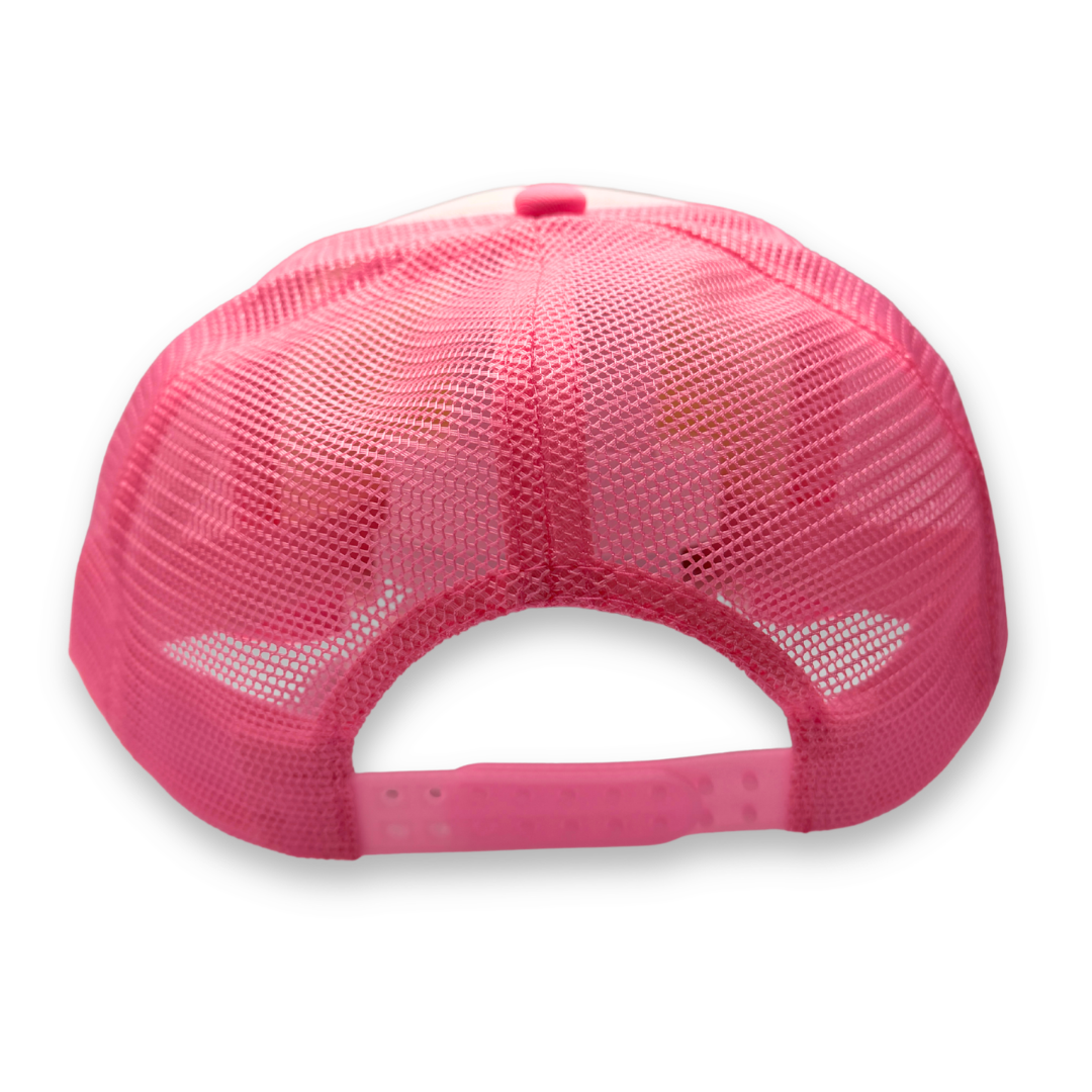 Back view of the SillyFarm Pink Trucker Snapback Hat featuring breathable pink mesh panels, a matching pink top button, and an adjustable pink plastic snapback closure.