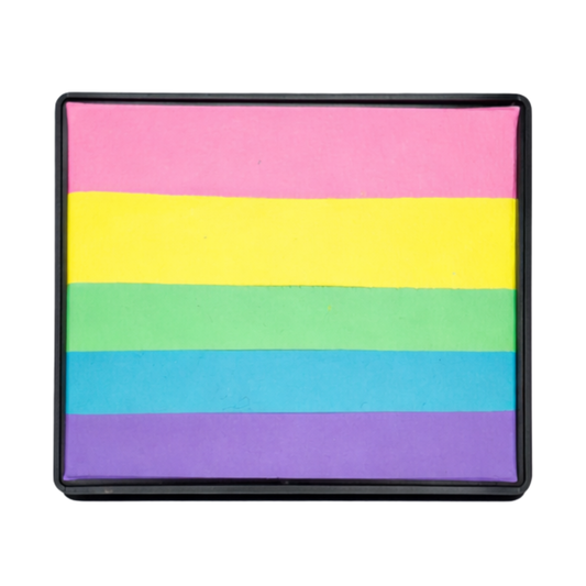 Rectangular container with rainbow striped face paint on a white background