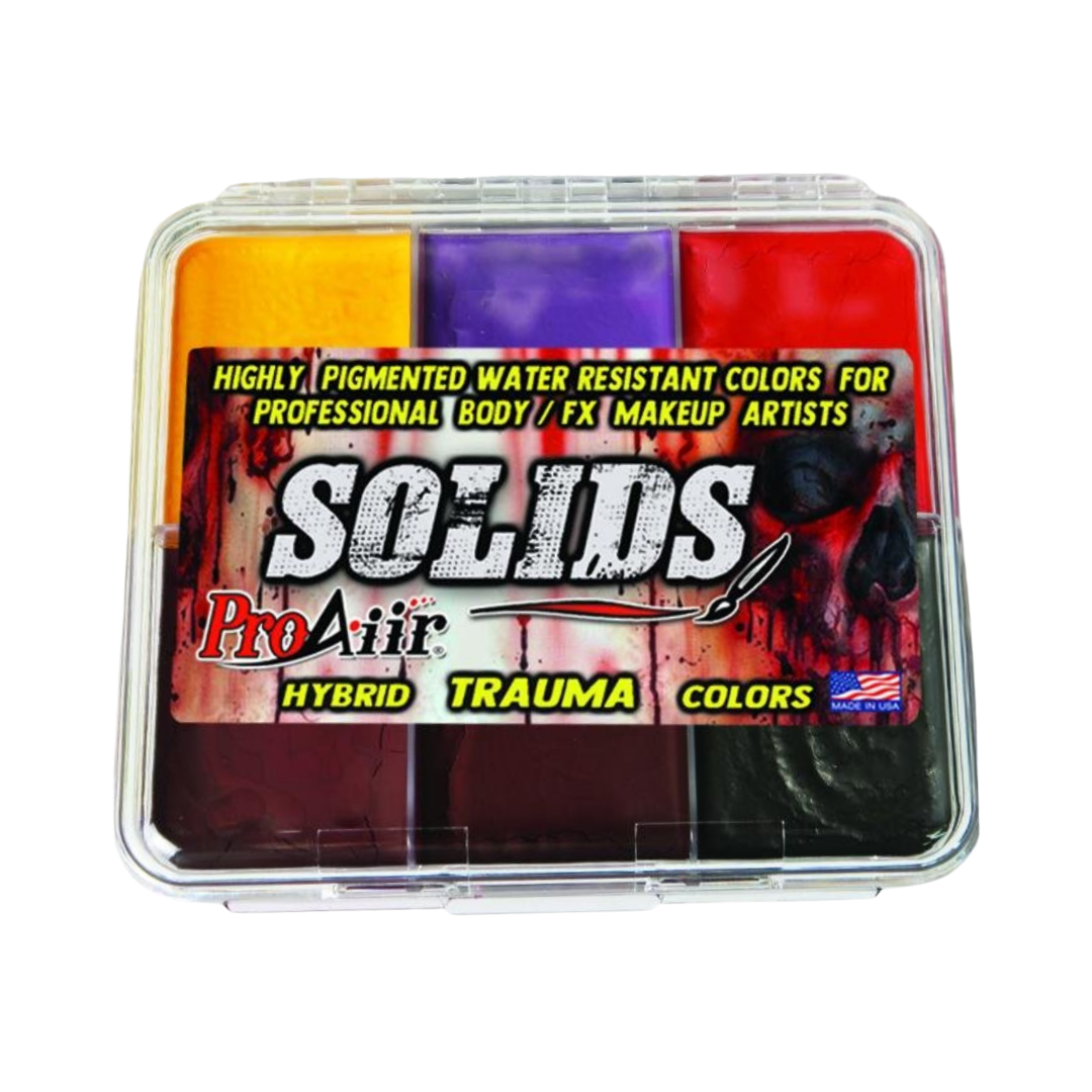 ProAiir SOLIDS Trauma water-resistant SFX makeup palette with six colors for creating bruises, wounds, blood, and trauma effects.