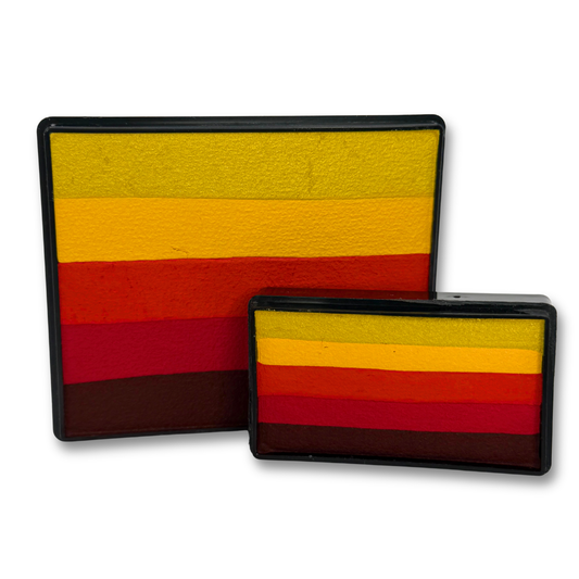 Autumn Rainbow Cake and matching Autumn Arty Cake featuring golden yellow, warm yellow, orange, deep red, burgundy, and dark brown stripes displayed together as a one-stroke face paint bundle.