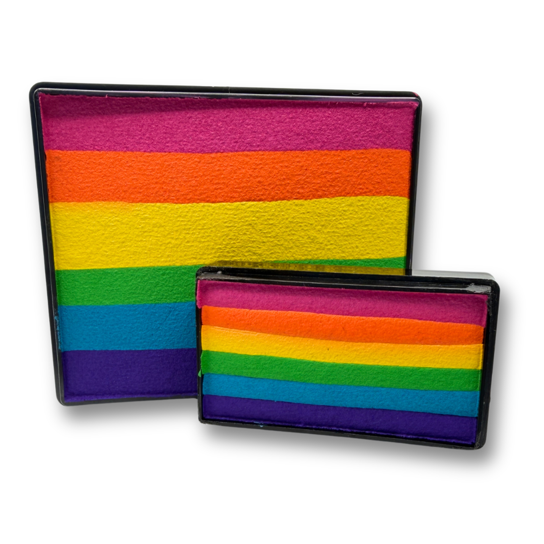 Electric Rainbow Cake and Electric Burst Arty Cake featuring coordinated rainbow stripes in magenta, orange, yellow, green, blue, and purple displayed together as a one-stroke face paint bundle.