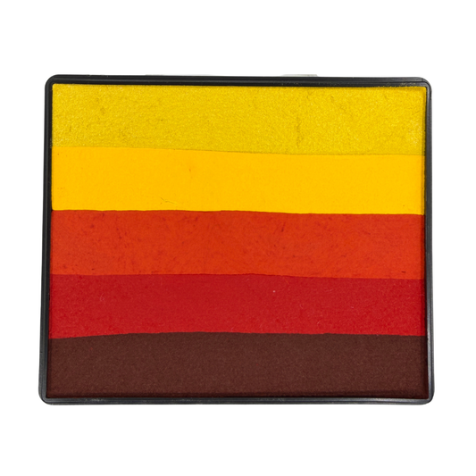 Fall Rainbow Cake face paint with layered stripes of metallic gold, golden yellow, orange, red, and dark brown in a rectangular container.