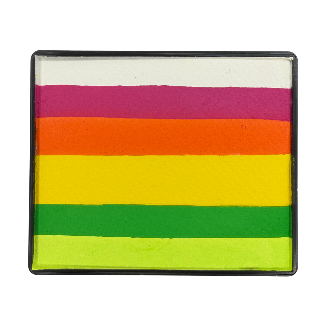Summer Rainbow Cake face paint with layered stripes of white, bright pink, orange, yellow, green, and lime green in a rectangular container.