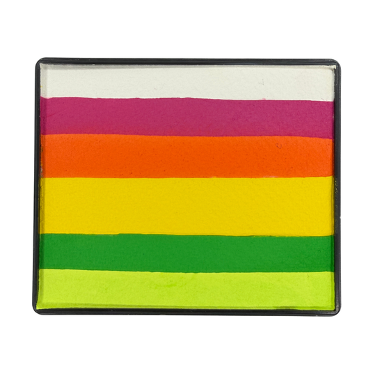 Summer Rainbow Cake face paint with layered stripes of white, bright pink, orange, yellow, green, and lime green in a rectangular container.