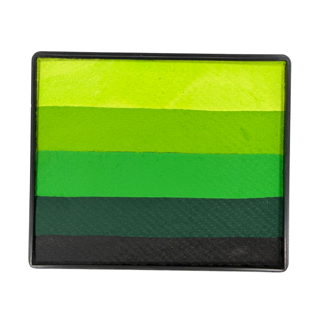 Green gradient Rainbow Cake face paint with layered stripes of bright yellow-green, lime green, medium green, dark green, and black in a rectangular container.