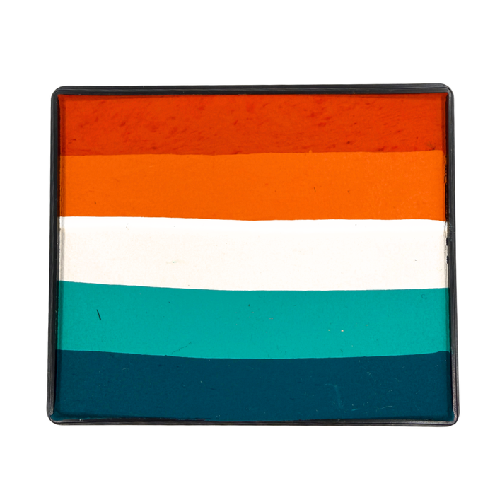 Laces Out Rainbow Cake face paint with horizontal stripes of deep orange, bright orange, white, aqua, and deep teal in a black rectangular container.